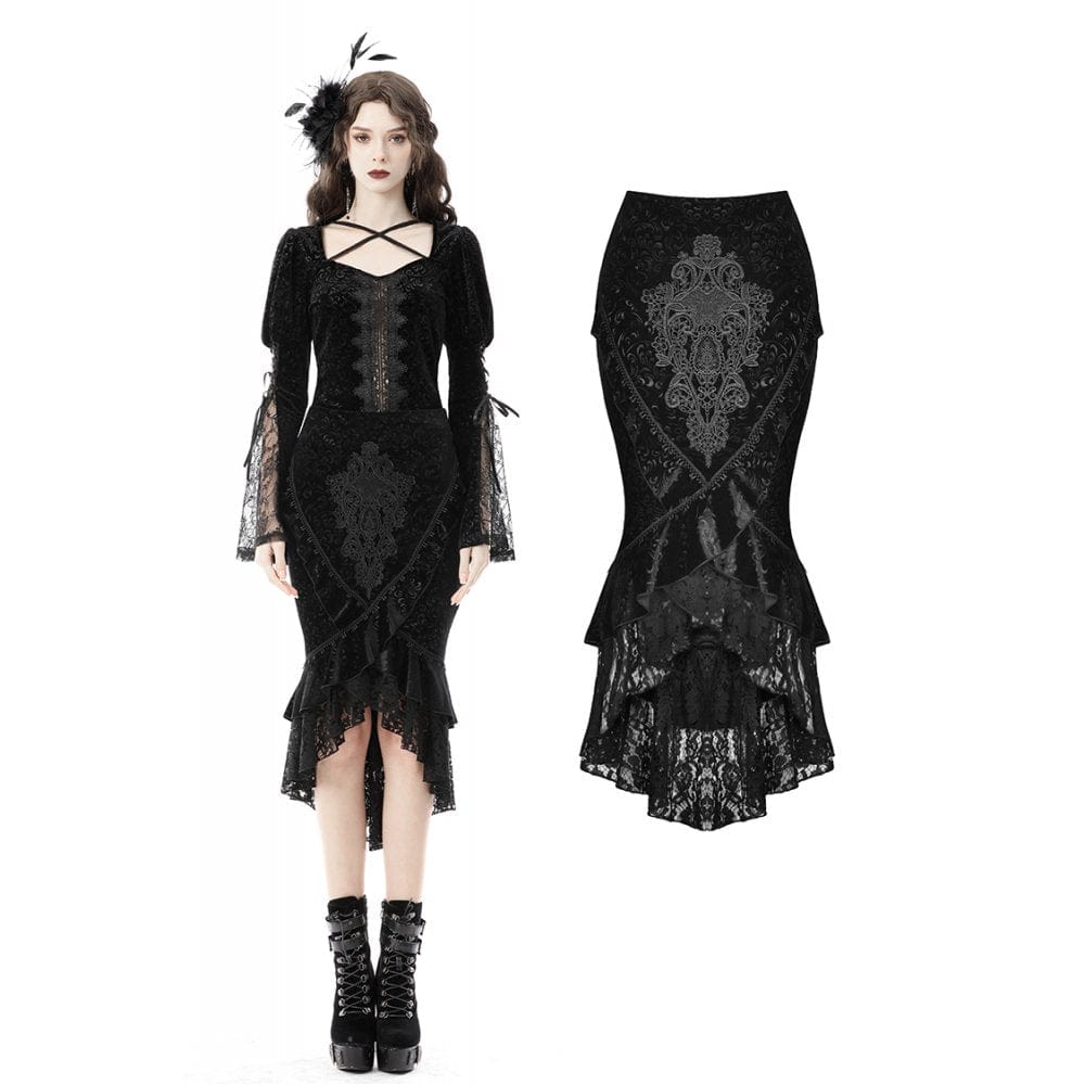 Darkinlove Women's Gothic Lace Hem Jacquard Dovetail Wrap Skirt