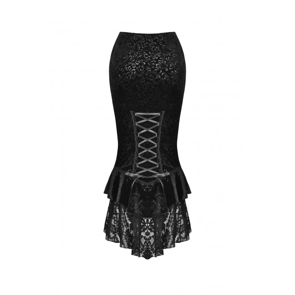 Darkinlove Women's Gothic Lace Hem Jacquard Dovetail Wrap Skirt