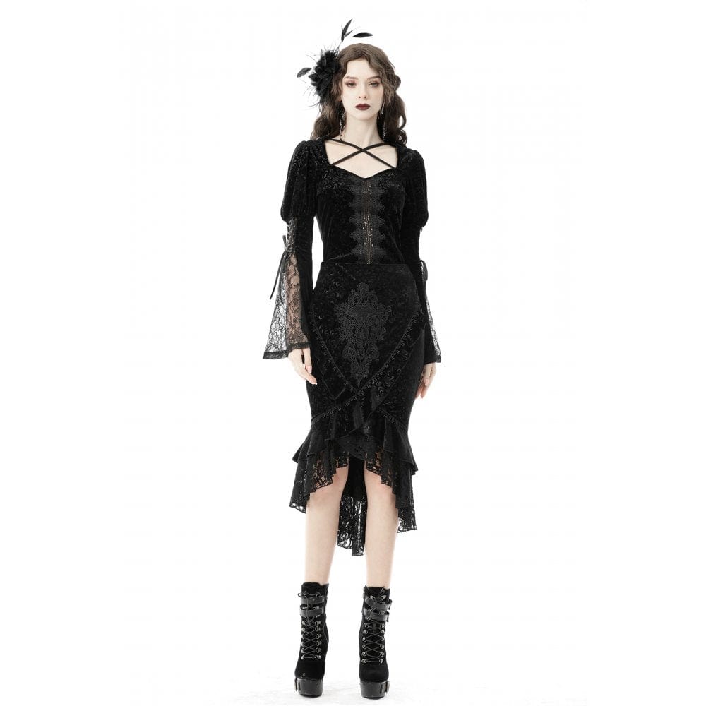 Darkinlove Women's Gothic Lace Hem Jacquard Dovetail Wrap Skirt