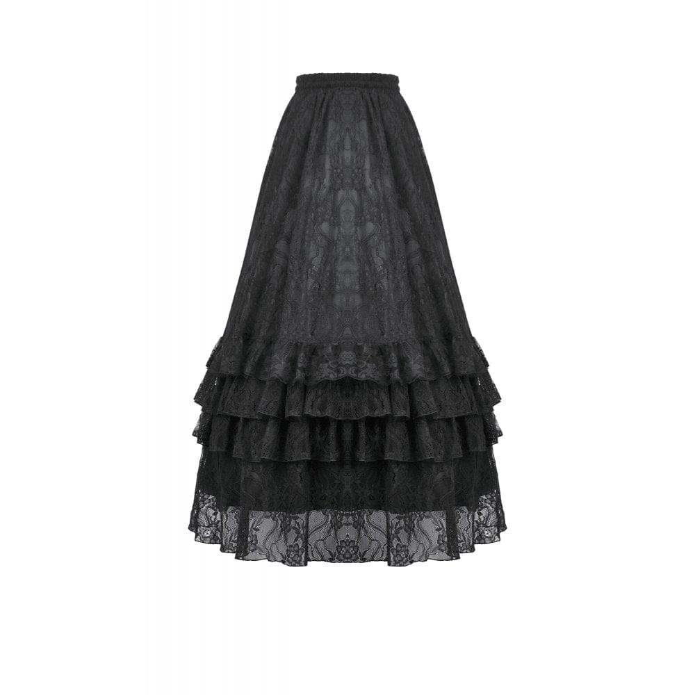 Darkinlove Women's Gothic Lace Layered Ruched Maxi Skirt