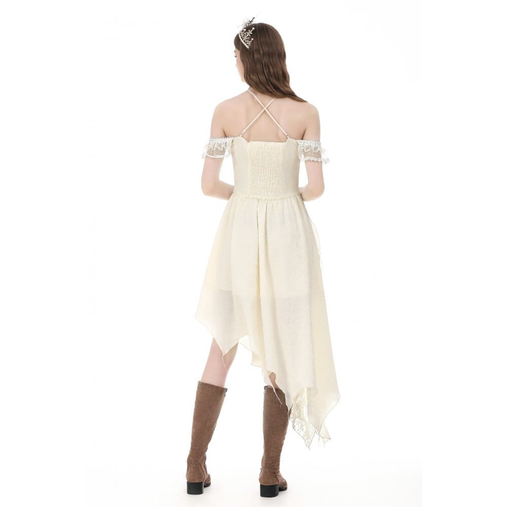 Darkinlove Women's Gothic Lace Patchwork Ruffled Asymmetric Off Shoulder Dress