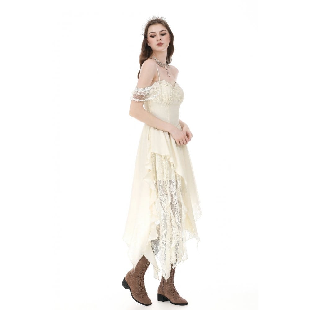 Darkinlove Women's Gothic Lace Patchwork Ruffled Asymmetric Off Shoulder Dress