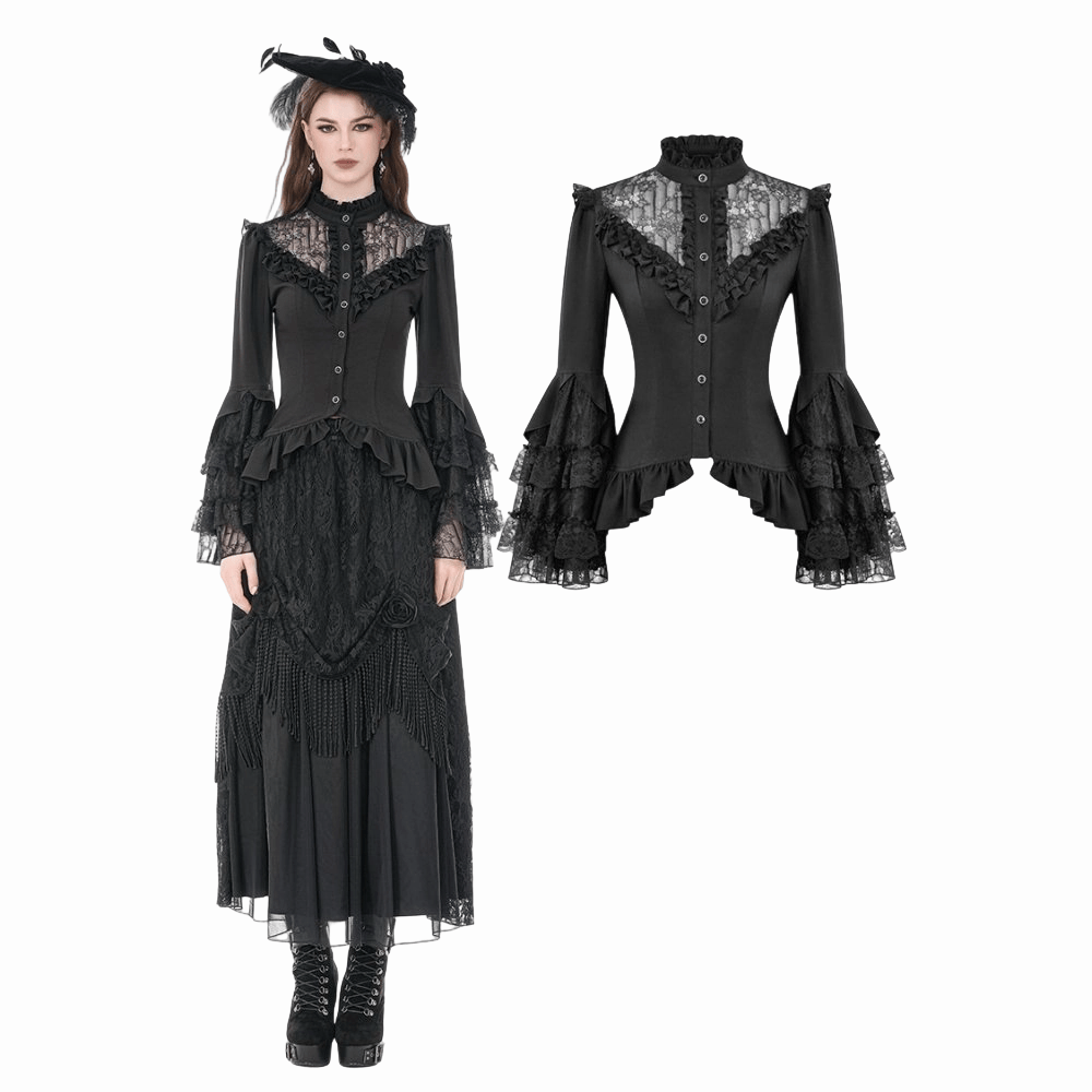 Darkinlove Women's Gothic Lace Patchwork Ruffled Stand Collar Shirt
