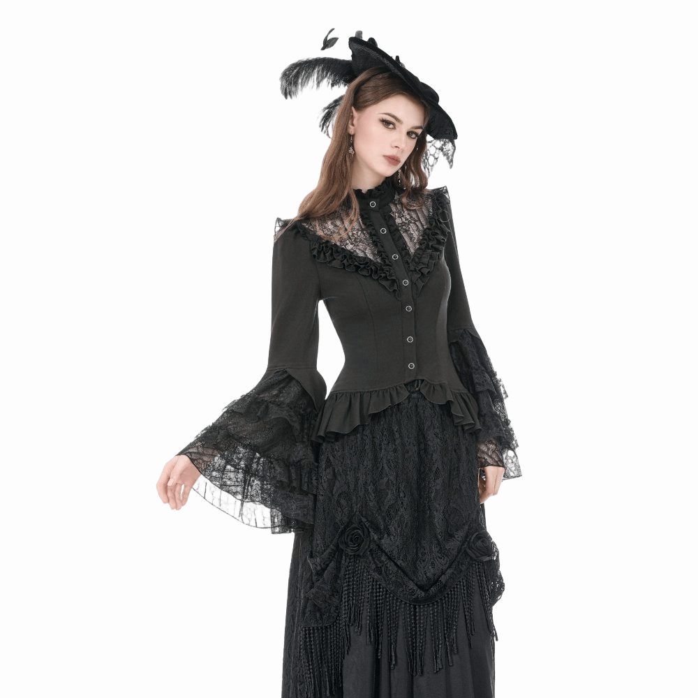 Darkinlove Women's Gothic Lace Patchwork Ruffled Stand Collar Shirt