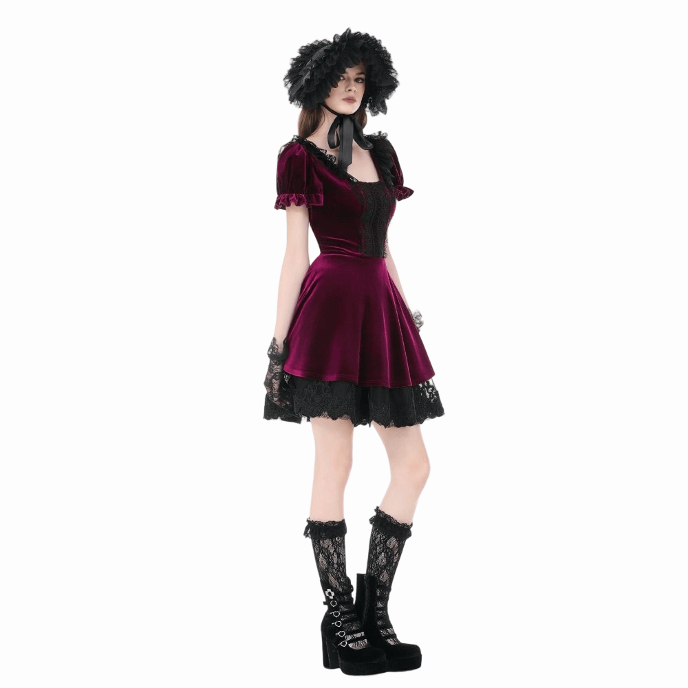 Darkinlove Women's Gothic Lace Patchwork Square-cut Collar Velvet Dress