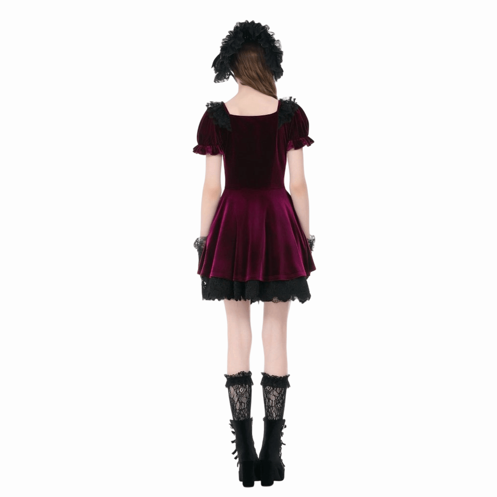 Darkinlove Women's Gothic Lace Patchwork Square-cut Collar Velvet Dress