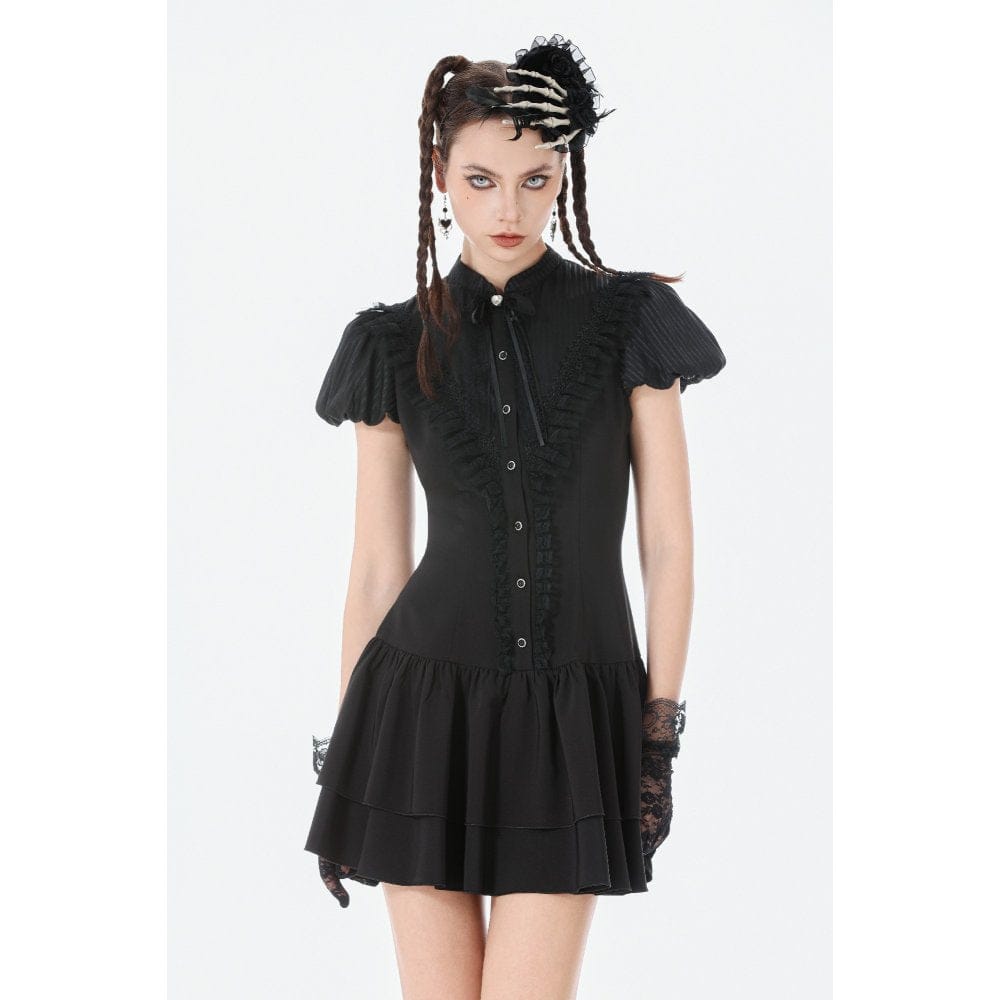 Darkinlove Women's Gothic Lace Pleated Bow-Trim Dress