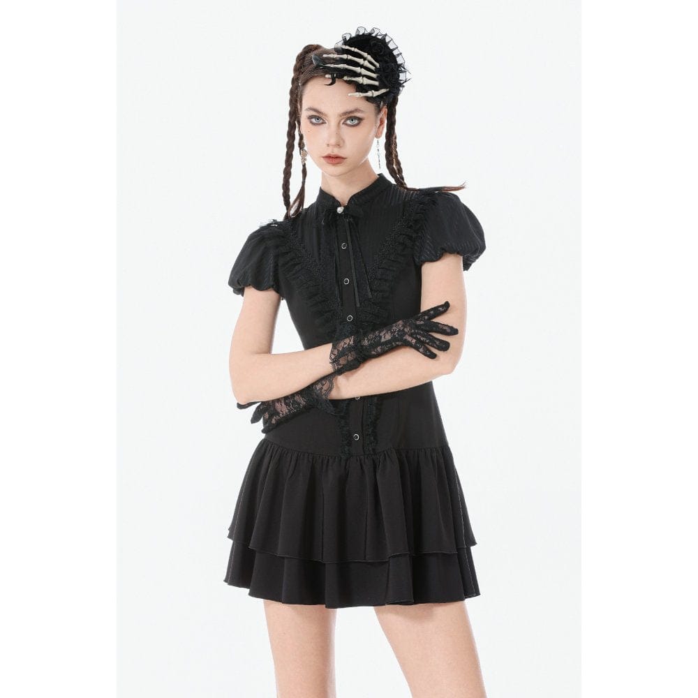 Darkinlove Women's Gothic Lace Pleated Bow-Trim Dress