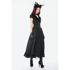 Darkinlove Women's Gothic Lace Ruched Ruffled Maxi Skirt Black