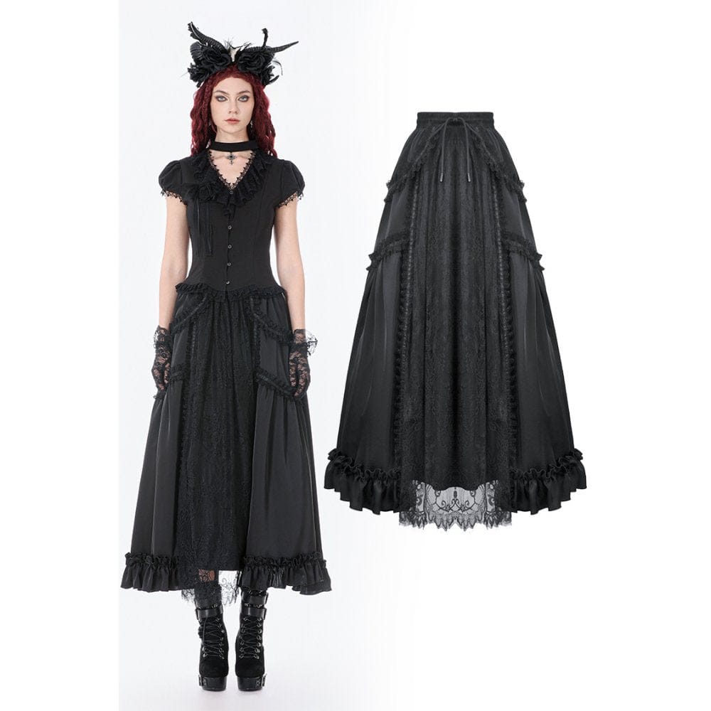 Darkinlove Women's Gothic Lace Ruched Ruffled Maxi Skirt Black