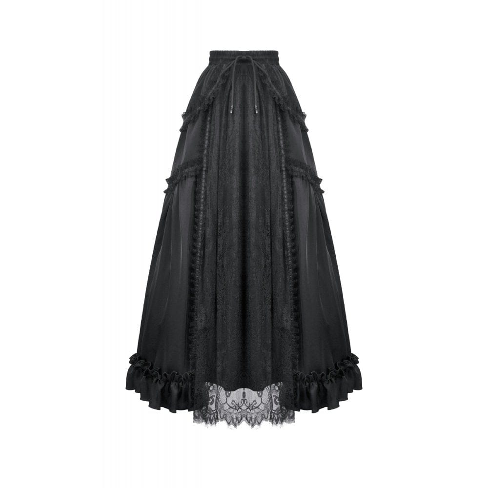 Darkinlove Women's Gothic Lace Ruched Ruffled Maxi Skirt Black