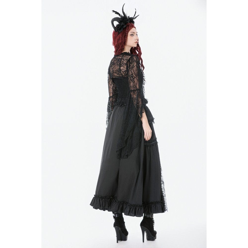 Darkinlove Women's Gothic Lace Ruched Ruffled Maxi Skirt Black-Red