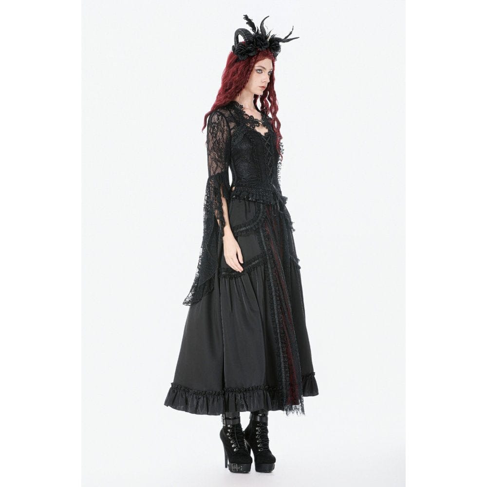 Darkinlove Women's Gothic Lace Ruched Ruffled Maxi Skirt Black-Red