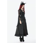 Darkinlove Women's Gothic Lace Ruched Ruffled Maxi Skirt Black-Red