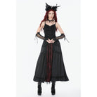 Darkinlove Women's Gothic Lace Ruched Ruffled Maxi Skirt Black-Red