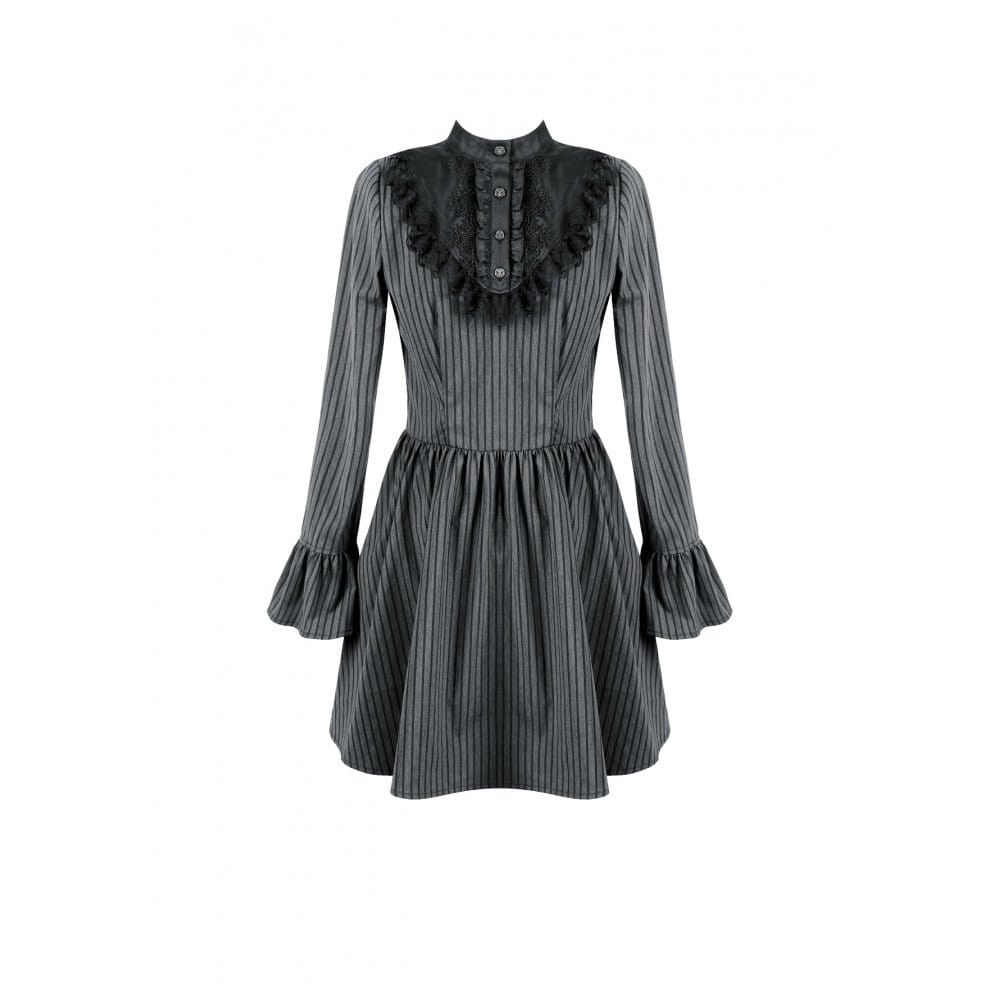 Darkinlove Women's Gothic Lace Ruffle Mock Neck Pinstripe Long Sleeve Flare Short Dress