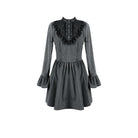 Darkinlove Women's Gothic Lace Ruffle Mock Neck Pinstripe Long Sleeve Flare Short Dress