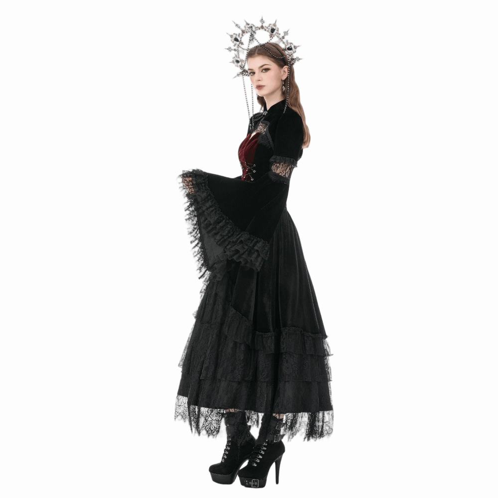 Darkinlove Women's Gothic Lace Splice Flare Sleeve Velvet Cape