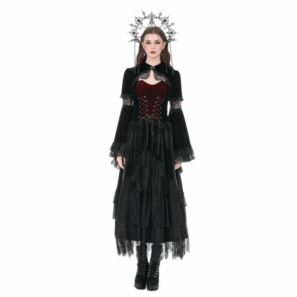 Darkinlove Women's Gothic Lace Splice Flare Sleeve Velvet Cape