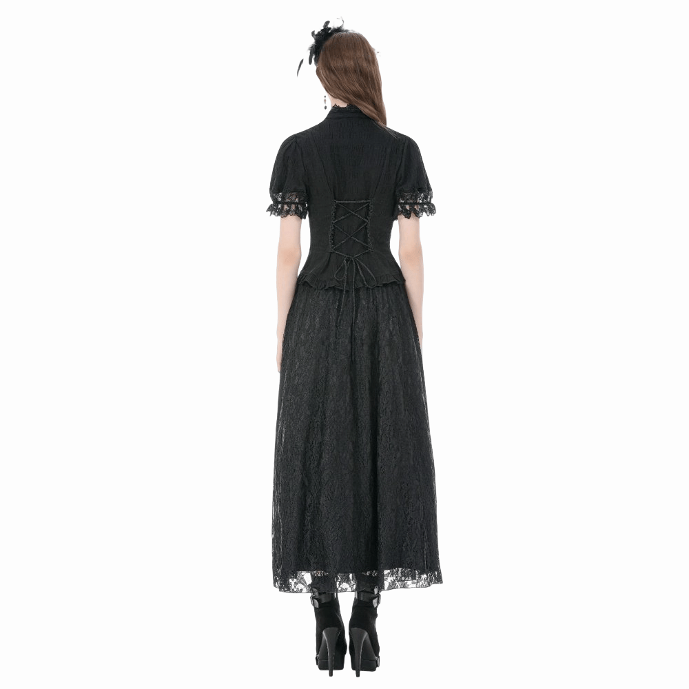 Darkinlove Women's Gothic Lace Splice Lace-up Shirt with Detachable Bowknot