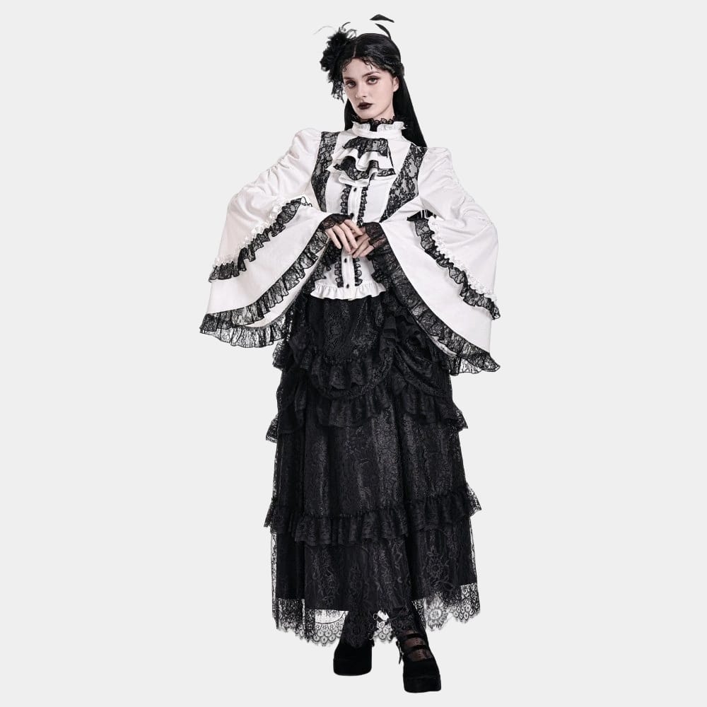 Darkinlove Women's Gothic Lace Splice Ruffle Contrast Color Bell Sleeve Blouse with Detachable Neck Tie