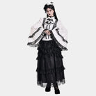 Darkinlove Women's Gothic Lace Splice Ruffle Contrast Color Bell Sleeve Blouse with Detachable Neck Tie