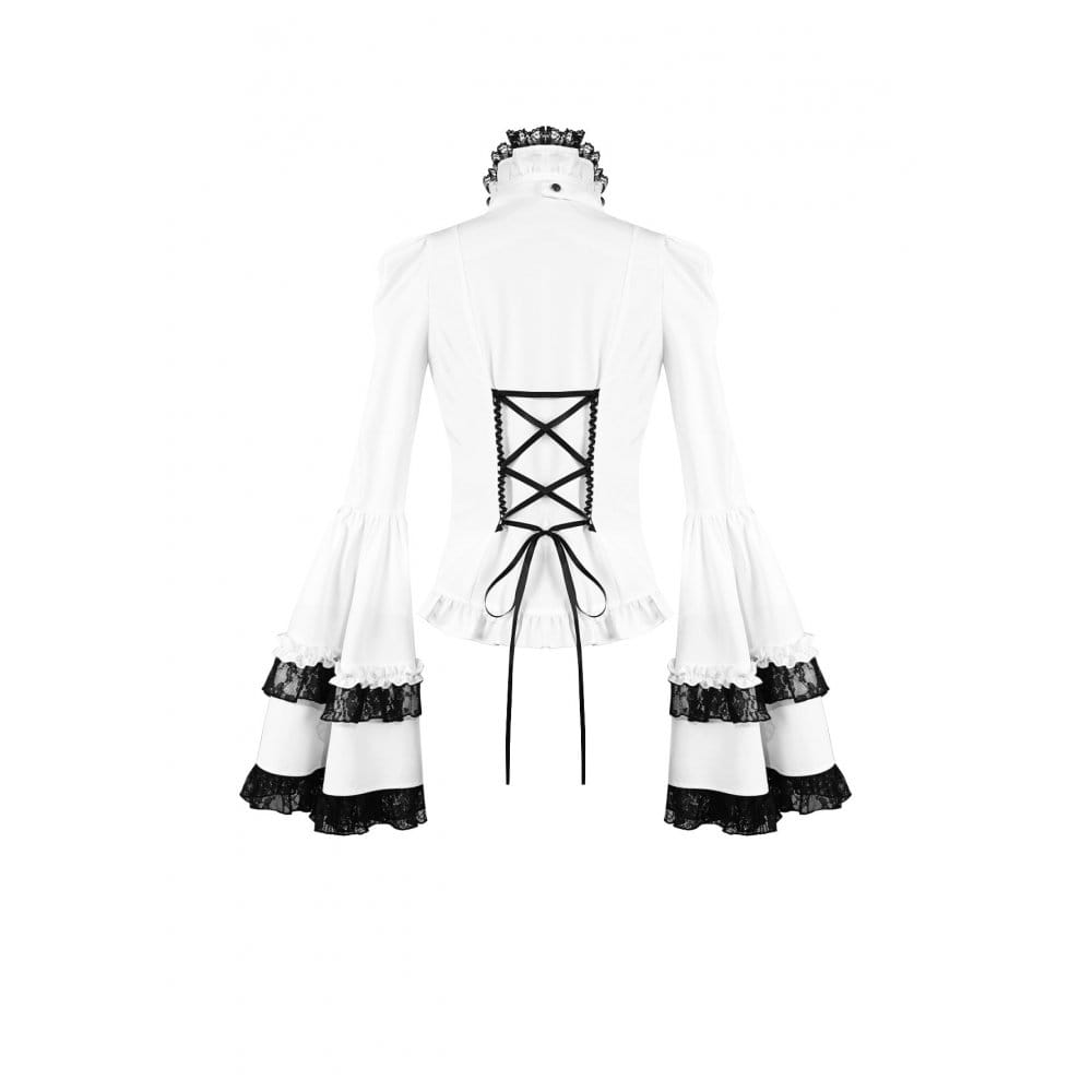 Darkinlove Women's Gothic Lace Splice Ruffle Contrast Color Bell Sleeve Blouse with Detachable Neck Tie