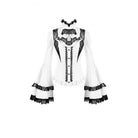 Darkinlove Women's Gothic Lace Splice Ruffle Contrast Color Bell Sleeve Blouse with Detachable Neck Tie