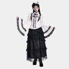 Darkinlove Women's Gothic Lace Splice Ruffle Contrast Color Bell Sleeve Blouse with Detachable Neck Tie