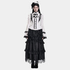 Darkinlove Women's Gothic Lace Splice Ruffle Contrast Color Bell Sleeve Blouse with Detachable Neck Tie