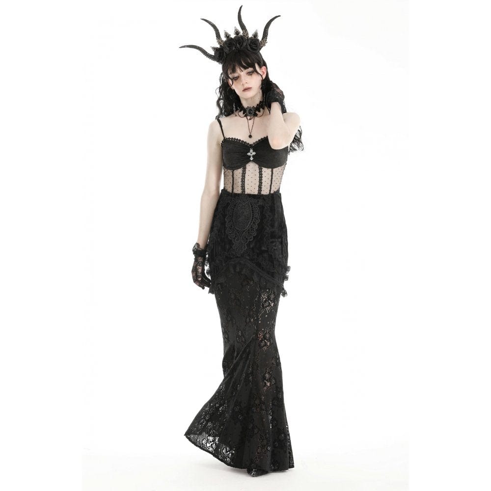 Darkinlove Women's Gothic Lace Splice Velvet Fishtailed Skirt