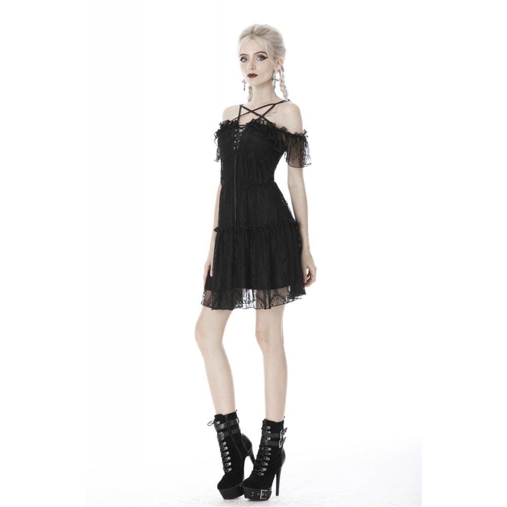 Darkinlove Women's Gothic Lace Star-line Chest Short Sleeved Lace Dresses