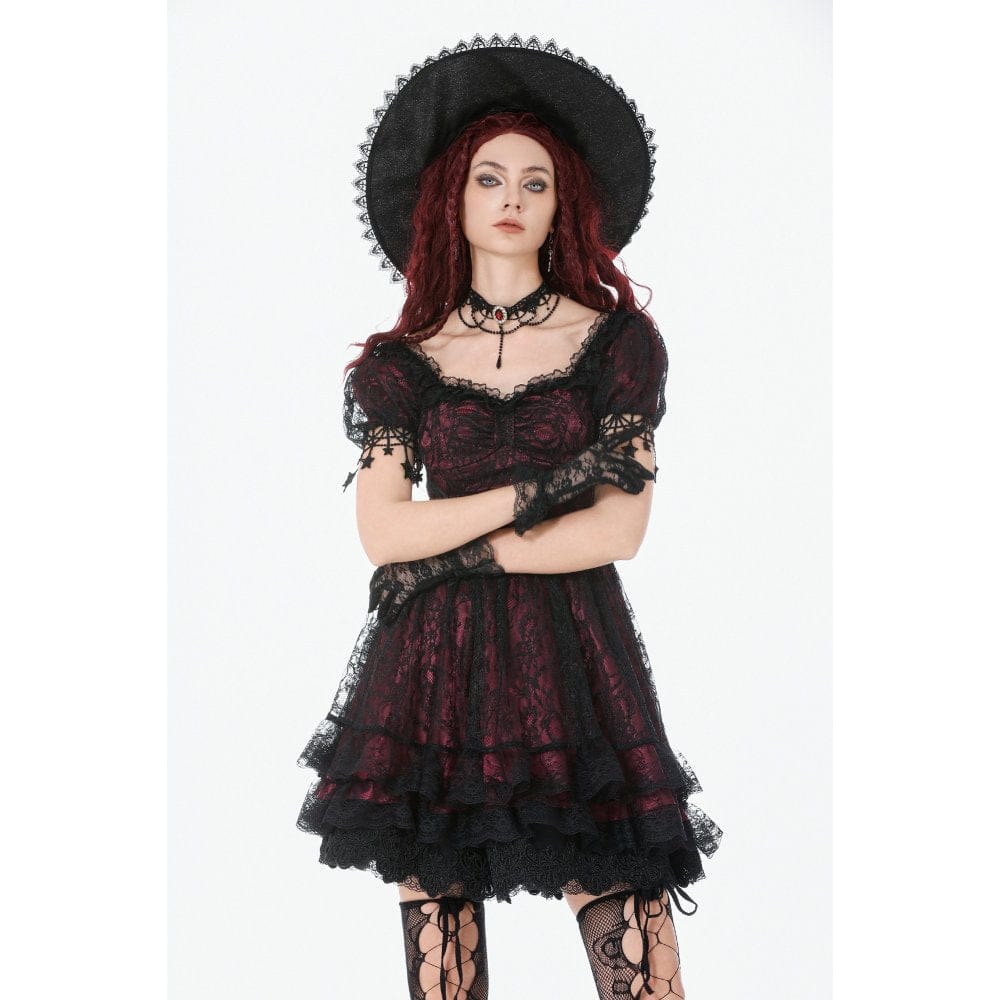 Darkinlove Women's Gothic Lace Star Square-cut Collar Short Sleeved Dress