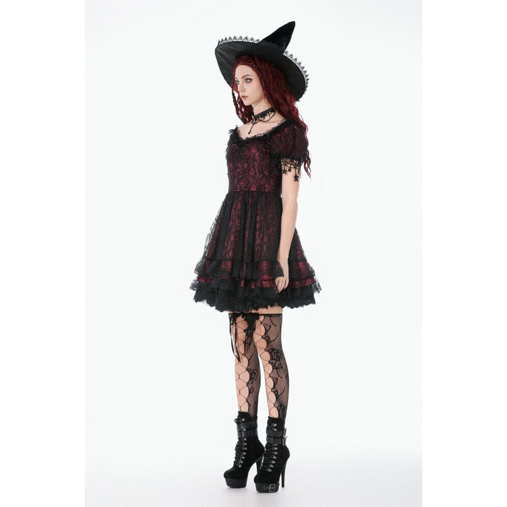 Darkinlove Women's Gothic Lace Star Square-cut Collar Short Sleeved Dress