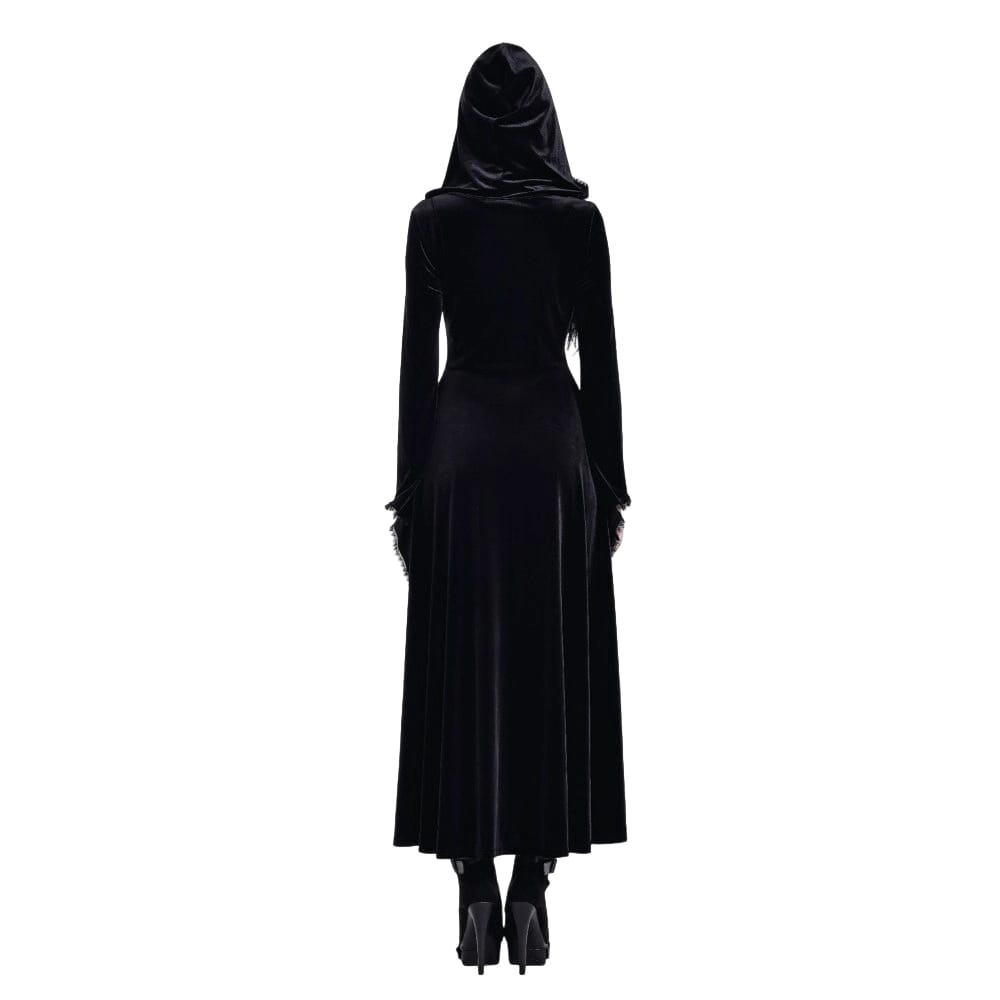 Darkinlove Women's Gothic Lace-up Colorblock Hooded Maxi Dress