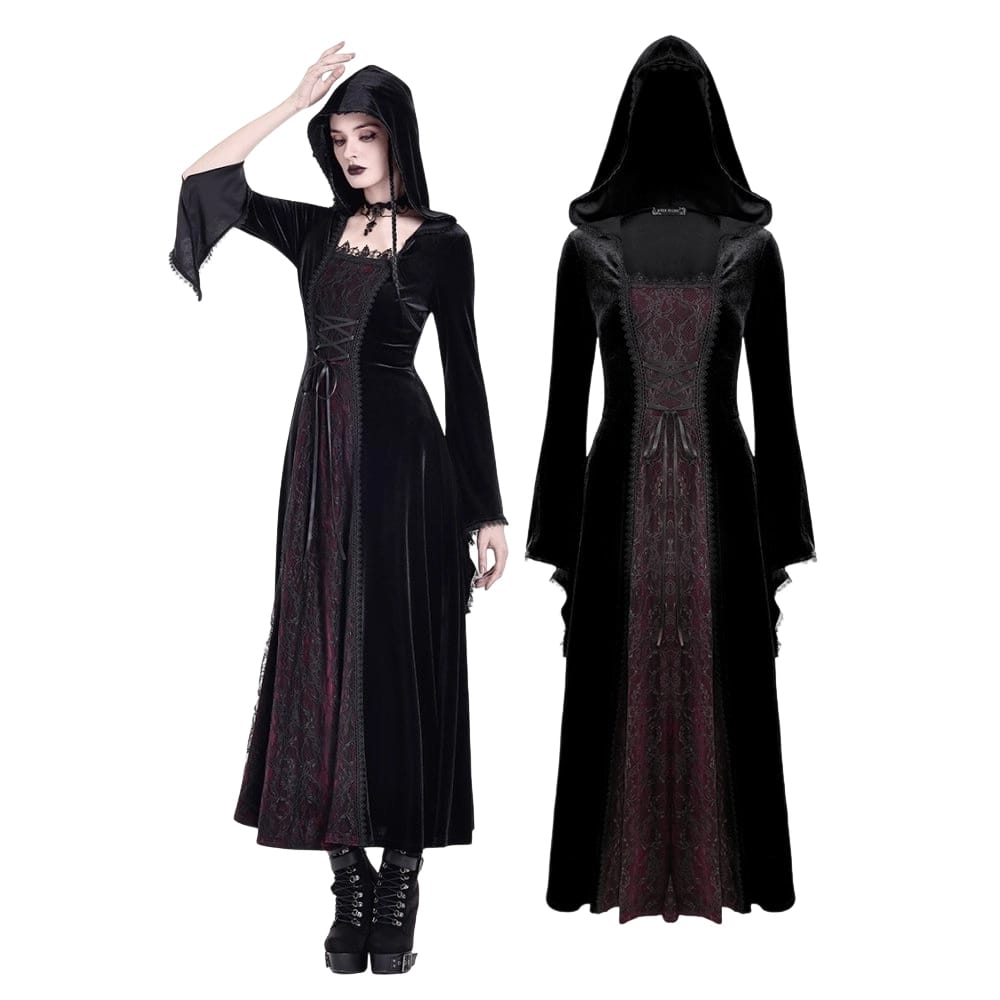 Darkinlove Women's Gothic Lace-up Colorblock Hooded Maxi Dress