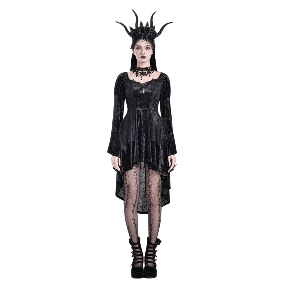 Darkinlove Women's Gothic Lace-up High/Low Hem Puff Flare Sleeve Short Dress