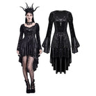 Darkinlove Women's Gothic Lace-up High/Low Hem Puff Flare Sleeve Short Dress