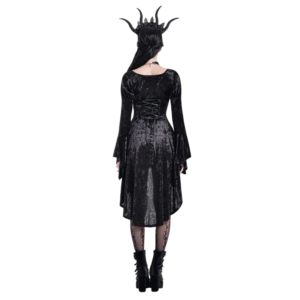 Darkinlove Women's Gothic Lace-up High/Low Hem Puff Flare Sleeve Short Dress