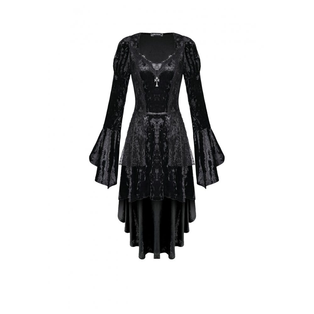 Darkinlove Women's Gothic Lace-up High/Low Hem Puff Flare Sleeve Short Dress
