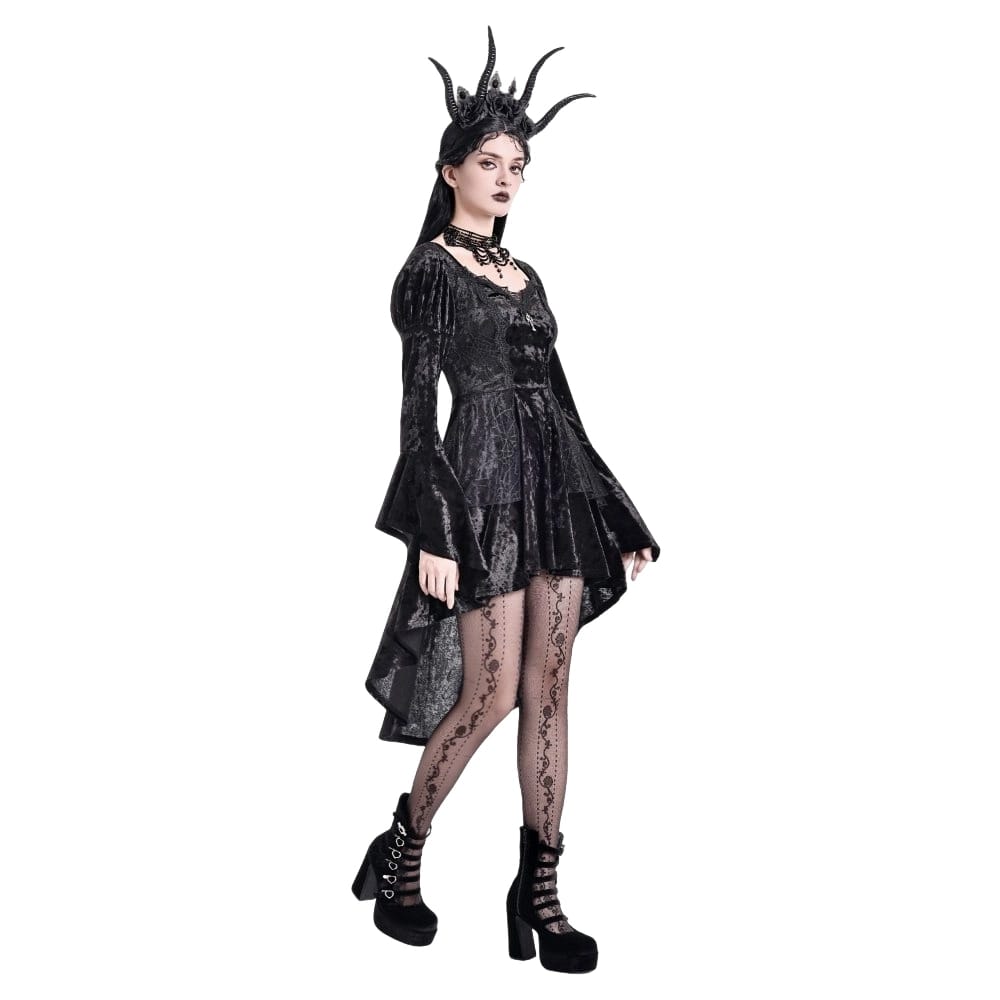 Darkinlove Women's Gothic Lace-up High/Low Hem Puff Flare Sleeve Short Dress