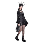 Darkinlove Women's Gothic Lace-up High/Low Hem Puff Flare Sleeve Short Dress