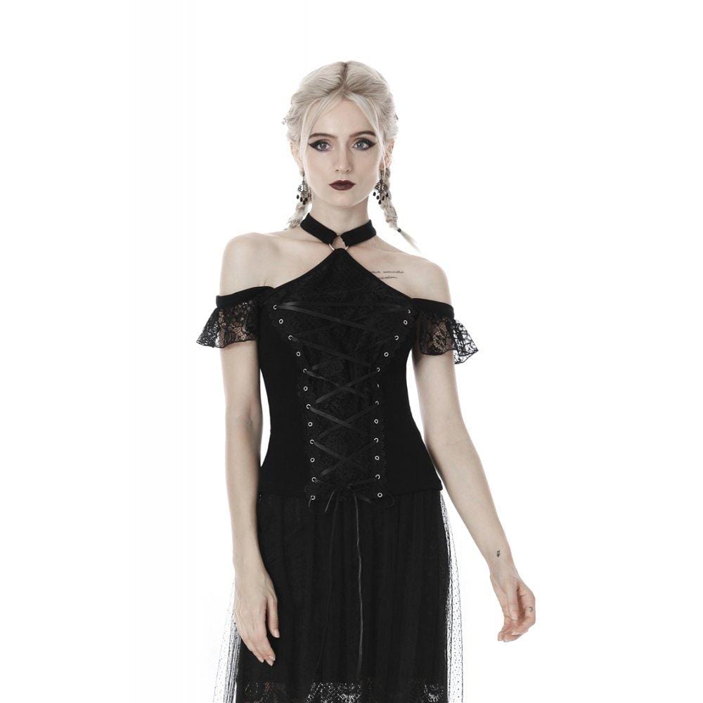 Darkinlove Women's Gothic Lace-up Lace Sleeved T-shirts