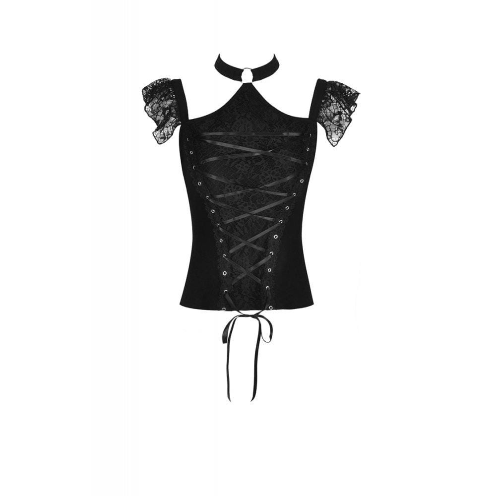 Darkinlove Women's Gothic Lace-up Lace Sleeved T-shirts