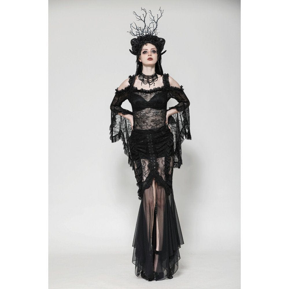 Darkinlove Women's Gothic Lace-up Mesh Splice Lace Fishtailed Skirt