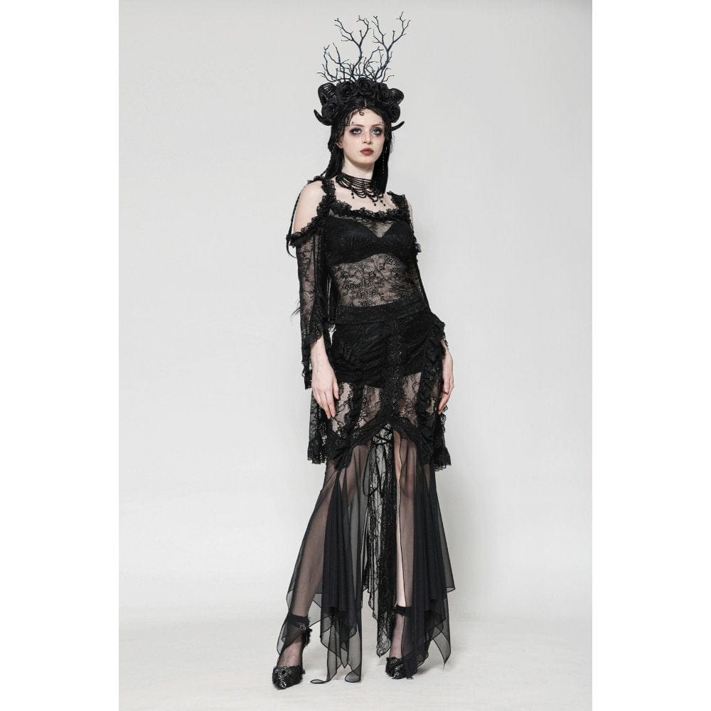 Darkinlove Women's Gothic Lace-up Mesh Splice Lace Fishtailed Skirt