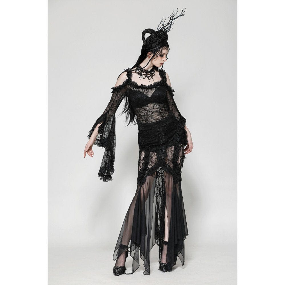 Darkinlove Women's Gothic Lace-up Mesh Splice Lace Fishtailed Skirt