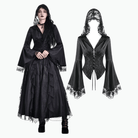 Darkinlove Women's Gothic Lace-up Plunging V-neck Lace Hood Flare Sleeve Blouse