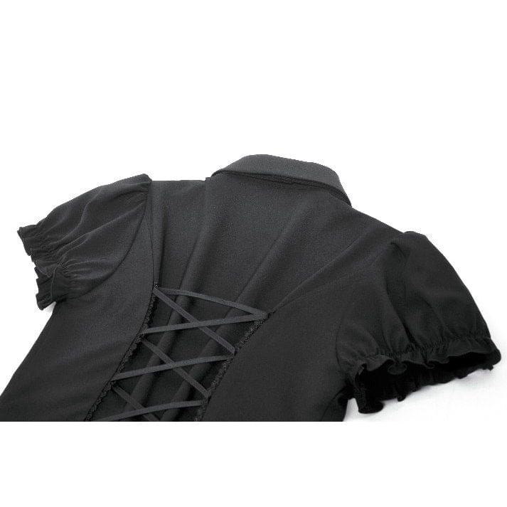 Darkinlove Women's Gothic Lace-up Puff Short Sleeved Shirt with Detachable Bow Tie