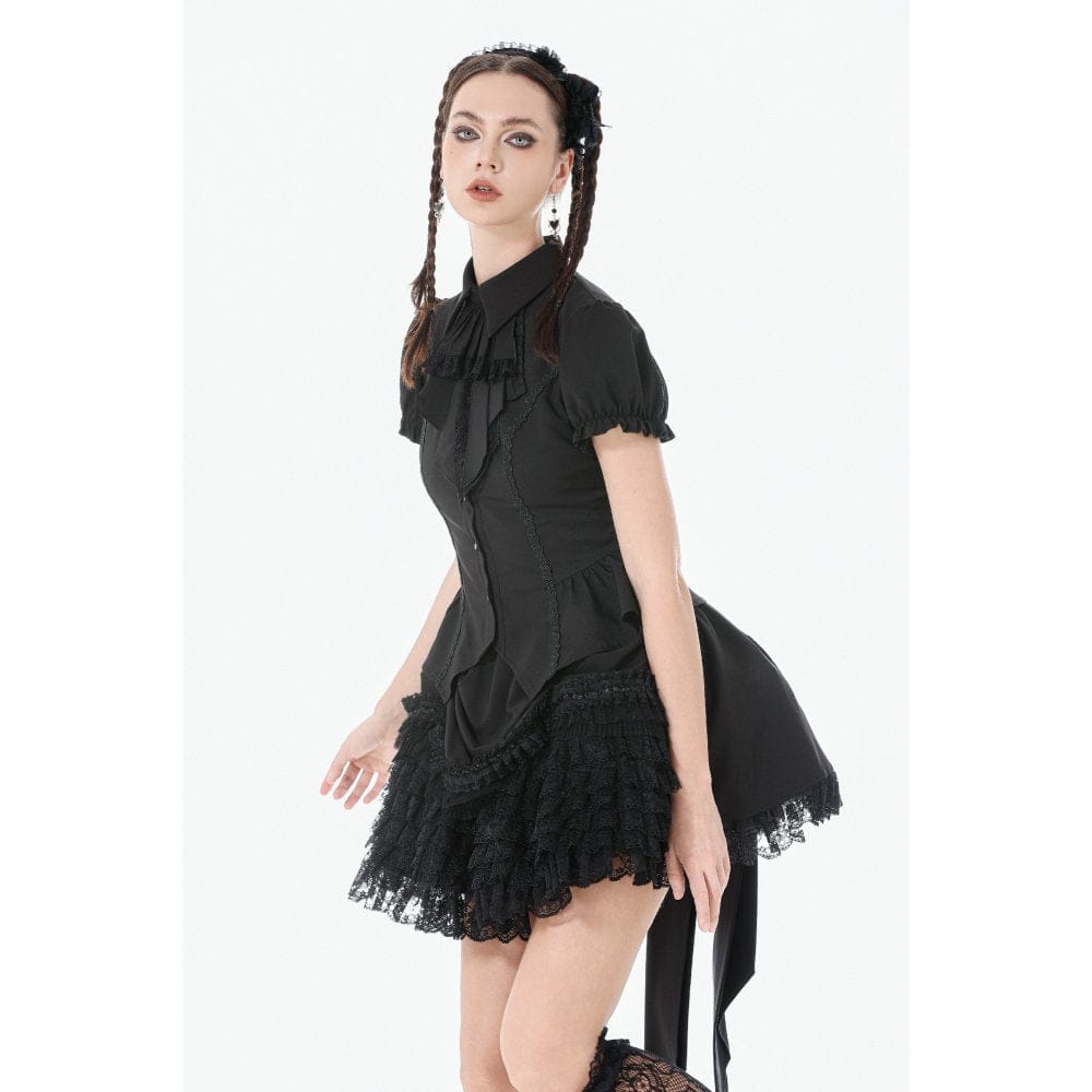 Darkinlove Women's Gothic Lace-up Puff Short Sleeved Shirt with Detachable Bow Tie